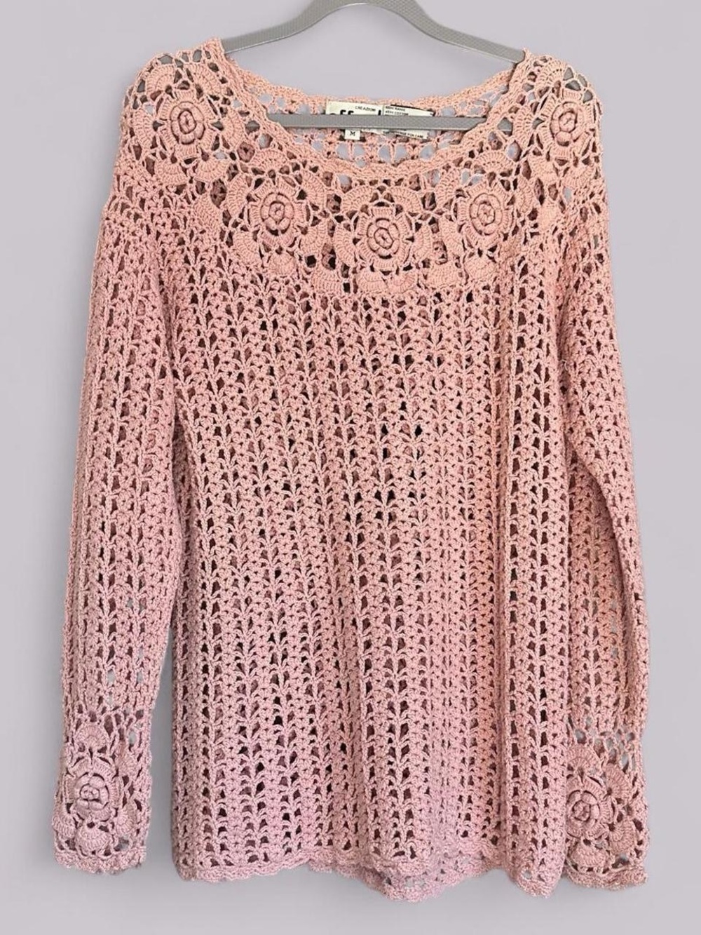 Vintage Pink Crochet Floral Sweater